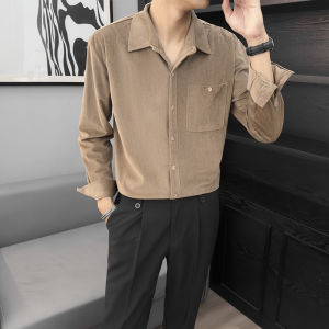 Retro Workwear Shirt Mens Slim Fit Cotton Corduroy Long Sleeve Autumn Style Fashionable Versatile Warm Shirt Pure Color
