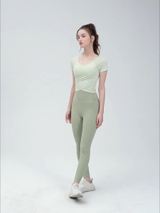 Cross pleated slim yoga top with short sleeves and chest pads sports top T-shirt nude feeling slimming fitness top