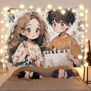 VIKAMAQ Cặp Đôi Búp Bê Thảm Lá Mùa Thu Thiết Kế Ấm Áp Dễ Thương Anime Nền Phòng Ký Túc Xá Trang Trí Phòng Polyester Treo Tường
