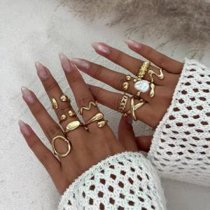 Ingemark | Ingemark 12Pcs/Set Vintage Metal Water Drop Open Ring for Women Trend 2025 Creative Geometric Ring Engagement Daily Jewelry Gift