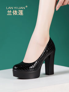 LANYILIAN | Crocodile Pattern High Heel Waterproof Platform Coarse Heel Leather Round Toe Single Shoes for Qipao Modeling Shows