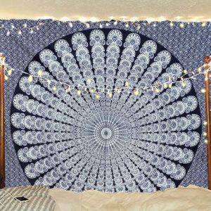 VIKAMA Tây Tạng Màu Xanh Gradient Con Công Mandala Tấm Thảm Treo Tường Thẩm Mỹ Trang Trí Nhà Cho Phòng Ngủ Phòng Khách Ký Túc Xá 100% Polyester