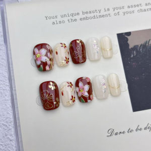 10Pcs Acrylic Press on Nails Red French Style Fake Nails Includes 1 Sheet Adhesive Tabs & 1 Pc Mini File & 1 Pc Crystal Stick