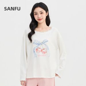 SANFU | Cherry Cute Pattern Lace Off-Shoulder T-Shirt