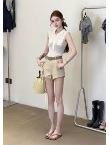 YUEZHONGWEI | White Knitted Vest Women Summer Outdoor Wear Slim Fit Sleeveless Shirt Stand Collar Design Sensation Small Audience