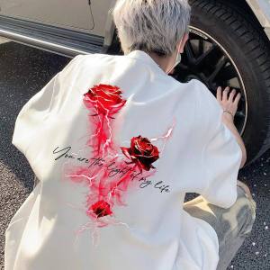 PAZHAOLANG | Oversized Plus Size Lightning Rose Print Cotton T-Shirts Men