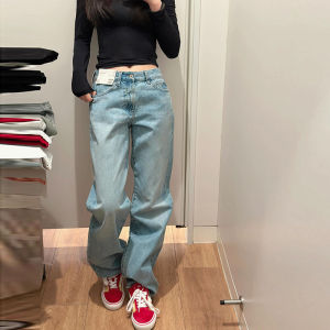 Light Blue Silk Denim High Waist Wide Leg Casual Loose Womens Jeans Vintage American Style Slimming Spring Summer New Arrival