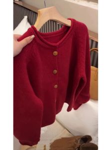 Red Knitted Sweater Coat round Neck Winter Fashion Womens Autumn Winter Soft Lazy French Style Long Sleeve Straight Cut Top