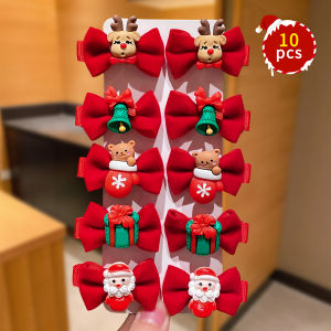 10 PieceRed Bow Hair Clips Set Christmas Design Santa Claus Reindeer Bells Girls Hair Accessories for Holiday Gift