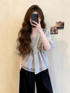 XUECAIQI | French Style Striped V-Neck Puff Sleeve Loose Ruffle Summer Blouse