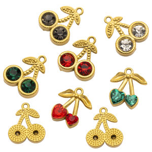 5pcs Gold Stainless Steel Cherry Charms Fruit Kawaii Cute Crystal Pendant for Jewelry Making Earrings Necklace Bracelets DIY