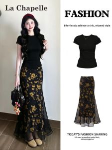 La Chapelle | Black Floral Fish Tail Midi Skirt Set