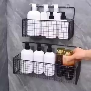 Black Iron Wall Mounted Storage Basket No Drill Sticky Hooks Heavy Duty Organizer for Bath Kitchen Office