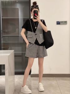 Fashionable Heavy-duty Patchwork Plaid Two-piece Set Summer Casual Style plus Size Womens Ensemble Short Sleeve round Neck