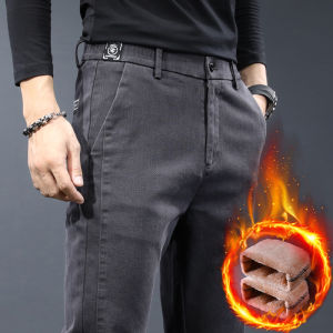 Quần Dài Công Sở Nam Thường Ngày Mùa Xuân Thu Quần Tây Lót Lông Cừu Mùa Đông Quần Dài Ống Đứng Cotton Polyester Co Giãn