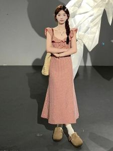 CHANGTONG | French Vintage Red Plaid Dress Women Summer Beautiful Fish Tail Long Skirt Waist Cinched Sleeveless U-Neck X-Shape Dress