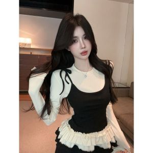 Dopamine Trendy Ballet Sweet Lace Hem False Two-Piece Red T-Shirt