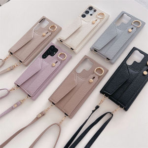 Crossbody Phone Case with Wristband Card Slot Protective Hard Shell for Samsung S23U/S24U/S25U Simple Leather Texture Design