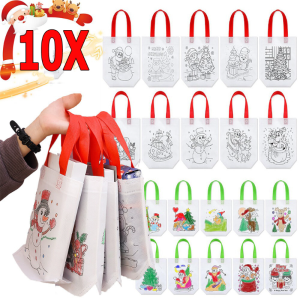 10pcs Non-Woven Cartoon Christmas Graffiti Tote Bags / Handmade Painting Santa Claus Candy Cookie Gift Pouches / Christmas Snack Candy Non-Woven Storage Bags