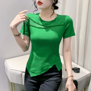 YIMEI Áo Thun Nữ Đính Hạt 2023 Cotton Phong Cách Phương Tây Lưới Hở Áo Phông Tay Ngắn Cổ Tròn Quyến Rũ Sang Trọng Mùa Hè Mới Ôm Vừa Xẻ Tà Áo Không Đều