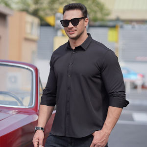 Mens Plus Dress Shirts Stretch Stain Shield Long Sleeve Solid Formal Shirt Business Casual Button Down Shirts (L-10XL)