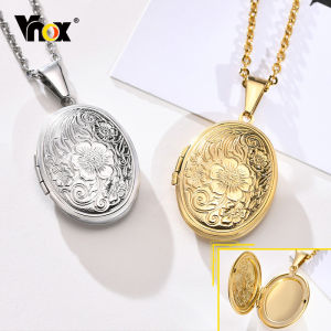Vnox Monogram Floral Oval Heart Locket Pendant Necklaces for Women Men Stainless Steel Photo Frame Promise Love Keepsake Collar