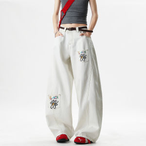White Daisy Printed Wide Leg Jeans Womens Casual High Waist Cotton Blend Autumn Fashion Vintage Multi Pocket Knife Cutout