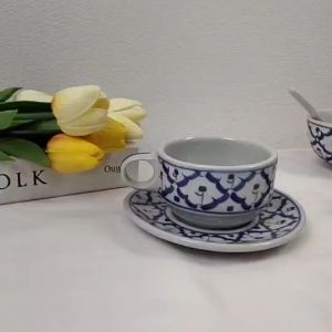 แก้วกาแฟ ชุดแก้วกาแฟ 240 ml. 1 ชุด 2ชิ้น แก้วกาแฟ + จานรอง แก้วชา ลายไทย ทนทาน งานแอนด์เมด