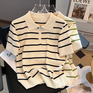 Loose Slim Looking [40.00 Kg-100.00 kg] Polo Collar Ice Silk Short Sleeve T-shirt Womens Summer Western Style Stripes Zipper Tops