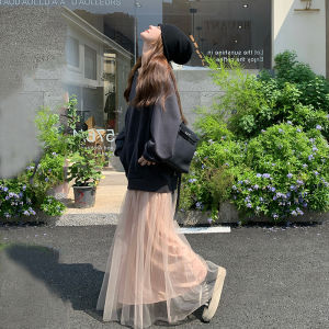 Laid-back Style Color Block Mesh Hoodie Dress Womens New Design Korean Version Loose Waist Polyester Long Sleeve Autumn Dress