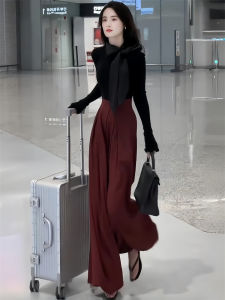 Elegant Butterfly Knot Top High Waist Wide Leg Pants Two Piece Set Autumn Fashion Design Womens Clothing High Quality Polyester