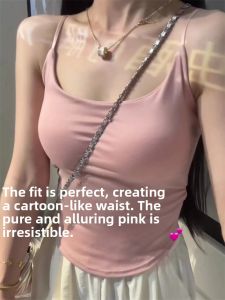 Blue Folded Waist Design Womens Camisole Vest Inner Wear with Chest Pad Sweet Style Short Length Slim Fit Online Exclusive