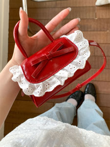 Túi Đeo Chéo Mini Xòe Ren Dễ Thương Cho Nữ Mùa Hè 2025 Túi Xách Tay Màu Đỏ Túi Xách Mềm Mại Túi Xách Vuông Vuông