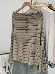 เสื้อยืดแขนยาวคอตั้งสไตล์เกาหลี ทรงหลวม สวมใส่สบาย เสื้อยืดผู้หญิง ลายทาง แฟชั่นฤดูใบไม้ร่วง 2025 ใหม่