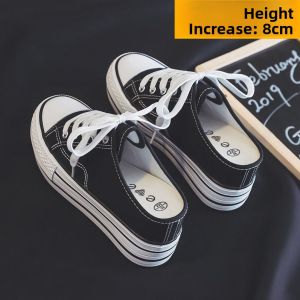 Womens Canvas Shoes 8cm Heightening Thick Bottom Platform Slip-On round Toe Rubber Sole Pure Color Korean Style Summer Autumn New Fashion Casual Shoes