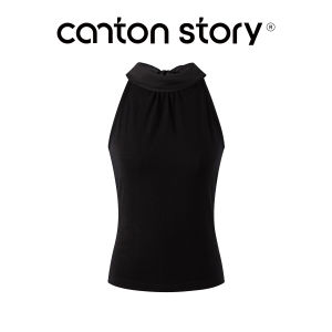 Cantonstory | White Ribbon Stand Collar Waist-tight Sleeveless Tank Top