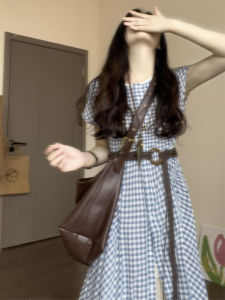 Ge·an·fei | French Style Blue Check Short Sleeve Waist Slimming Long Dress