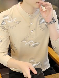 HENGYUANXIANG | Chengyuanxiang Mens Long Sleeve Cotton Polo Shirt Casual Print Slim Fit Spring Autumn Leisure Stand Collar Inner Wear T-Shirt
