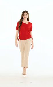 Krizia Cotton Knit Stretch Asymmetric Nect Blouse with Side Ruching