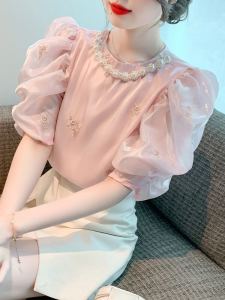 Phong Cách Pháp Cảm Giác Cao Cấp Tay Bong Bóng Áo Sơ Mi Voan Nữ Mùa Hè Mới Thiết Kế Áo Sơ Mi Hoa Thêu Độc Đáo