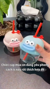 Cốc Thủy Tinh Chịu Nhiệt Có Nắp Đậy Hình Mắt To Đáng Yêu - Ly Uống Nước Kèm Ống Hút Dung Tích 210ML Tiện Lợi - Ly Thủy Tinh Có Nắp Ngộ Nghĩnh Kèm Ống Hút 210ml / Cốc Uống Nước Cute