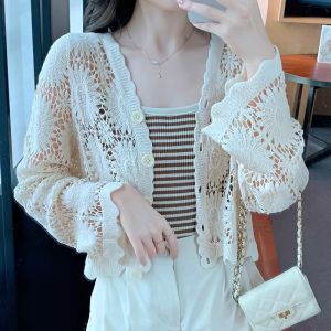 V-Neck Lace Hollow-Out UV-Protected Knit Cardigan