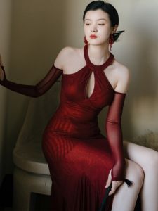 Jazz Dance Skirt National Style Two-Tone Elegant Little Red Dress Hollow Dress Halterneck Asymmetrical Oversleeves Slit Latin