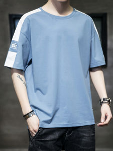 Contrast Color Short Sleeve Men Clothing Summer Cotton T round Neck Tops Boys Japanese Hong Kong Style Summer Half Sleeve Stripes T-Shirt Men