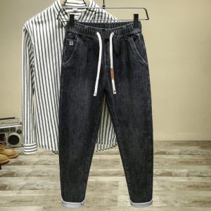 Autumn Winter Thickened Loose Elastic Slim Fit Long Jeans Mens Trendy Brand Elastic Waistband No Iron Casual Fleece Lined Harlan Pants