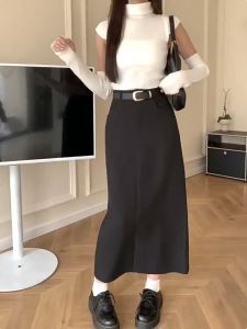 S-6XL กระโปรงสูทสีเทาผ่าข้างเอวสูง ทรงเข้ารูป ปลายกระโปรงพันสะโพก ความยาวปานกลาง