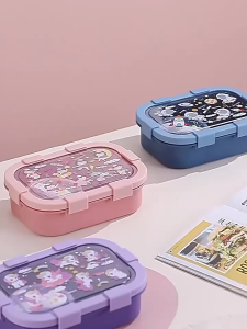 Cartoon Lunch Box with Soup Bowl Multiple Compartment Food Storage Buckle Sealed Leak-proof Portable