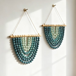 Nordic Gradient Blue Wood Bead Wall Hanging Hemp Rope Macrame Wall Ornament for Bedroom Living Room Homestay Decor