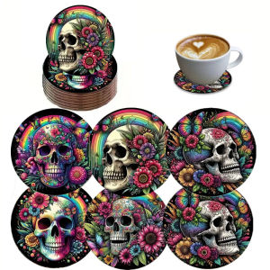 A 6-piece set of colorfully printed coasters with a skull theme is suitable for home dining table decoration and Christmas gifts
