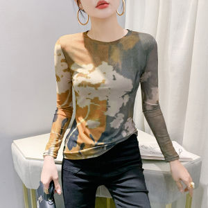 Rehin Áo thun ôm vừa cổ tròn tay dài lưới hoa thời trang mới thu/Đông Áo nữ thanh lịch